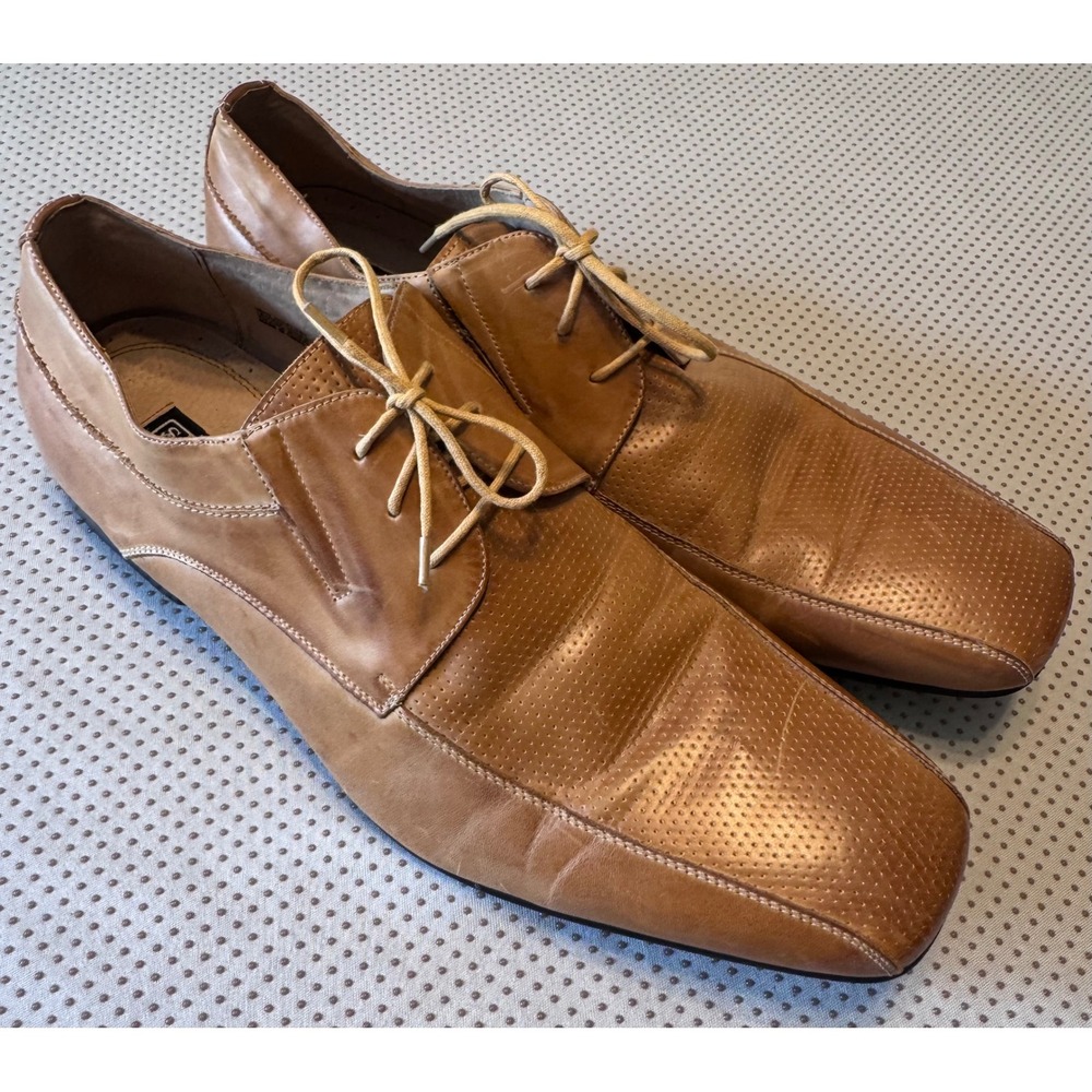 Stacy Adams Mens Dress Shoes Tan Cognac Leather Perforated Square Toe Oxford 13M